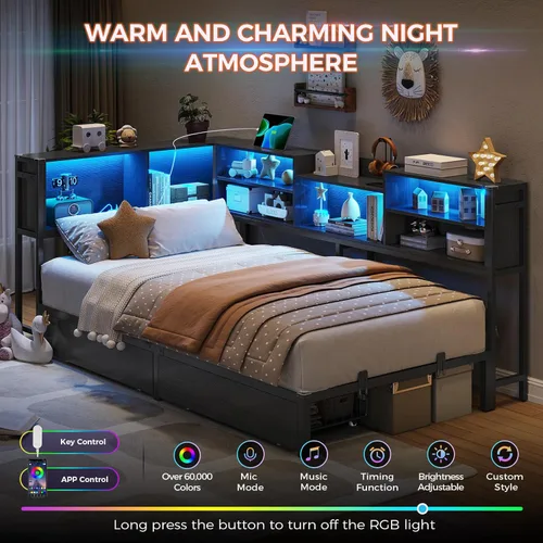 Miniatura 4 de DICTAC Marco de cama esquinero tamaño individual con almacenamiento y luces LED, plataforma de metal con 2 cajones y estación de carga, cama