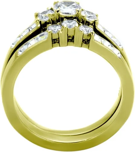Miniatura 4 de Juego de 3 piezas de anillos de compromiso para él y para ella de oro IP de circonia cúbica