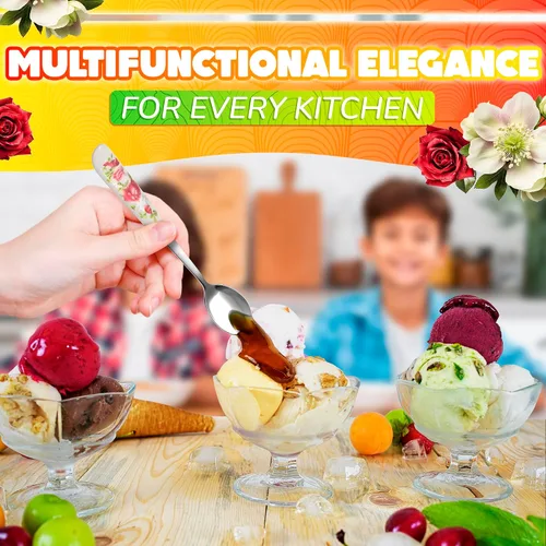 Miniatura 5 de Juego de 6 cucharas de café con mango de cerámica – Cucharas pequeñas de postre de 6.1" con diseño floral – Cuchara de acero inoxidable para té