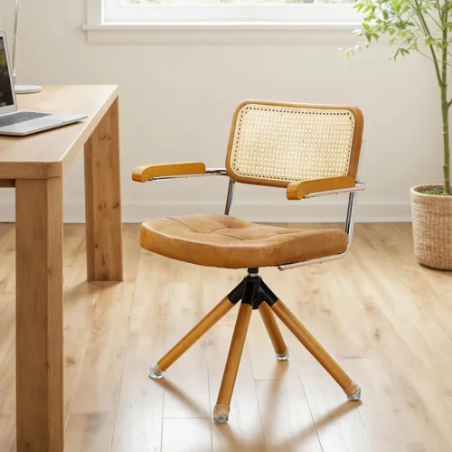 Zouron Silla de escritorio de ratán sin ruedas, sillón tapizado de piel sintética, silla de oficina giratoria con respaldo de caña natural y patas