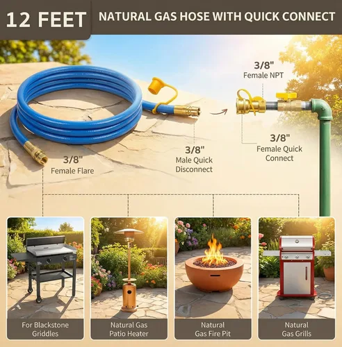Miniatura 5 de Manguera de propano natural y gas natural de 12 pies de diámetro interior de 3/8 pulgadas hembra por macho de 1/2 pulgadas, kit de desconexión