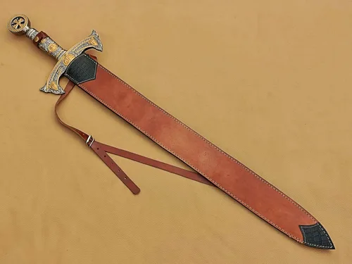 Miniatura 5 de Espada Templaria medieval hecha a mano, espada larga de Damasco sagrada con funda de cuero