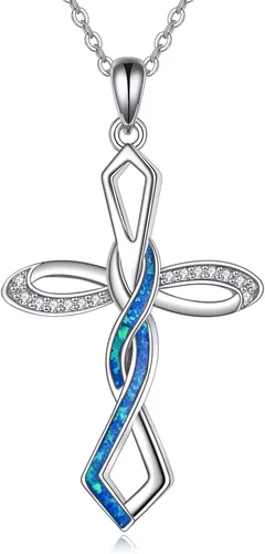 KQF Collares de cruz para mujer, plata de ley, ópalo azul, colgante de cruz de fe, collar de Navidad, cumpleaños, joyería de regalo para mujeres y