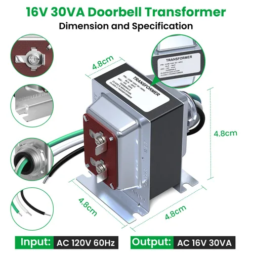 Miniatura 4 de Transformador de timbre de 16 V 30 VA compatible con timbre de video con anillo con cable, pieza de repuesto para timbre de puerta transformador