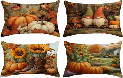 Miniatura 17 de Juego de 4 fundas de almohada de otoño de 12 x 12 pulgadas, fundas de almohada de calabazas de Acción de Gracias, fundas de cojín decorativas