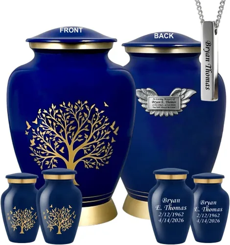 Miniatura 8 de Juego de 6 urnas funerarias decorativas negras y doradas personalizadas/grabadas para cenizas humanas, hombres y mujeres, con 1 urna grande
