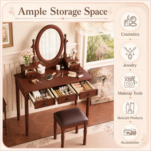 Miniatura 6 de Anwick Vintage Vanity Desk with Adjustable Angle Mirror, Wooden Dressing Table Set for Bedroom with Velvet Fabric Lining 5 Drawers, Girls Vanity Set
