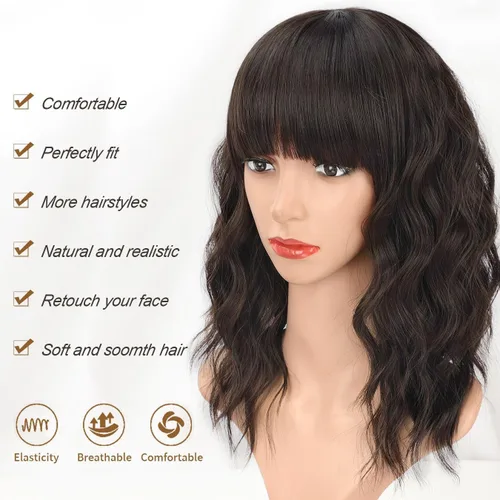 Miniatura 2 de AISI HAIR Peluca Bob Sintética Rizada y Ondulada Marrón Natural con Flequillo para Mujeres, 21-23 Pulgadas Marrón oscuro
