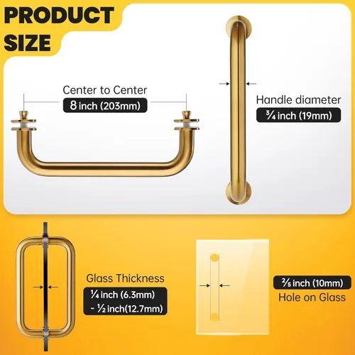 Miniatura 6 de Kolet Manija de puerta de ducha, manija de puerta de ducha de vidrio de centro a centro de 8 pulgadas, acero inoxidable 304, compatible con vidrio