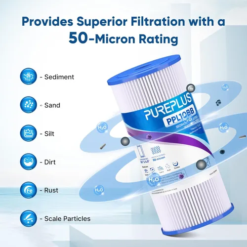 Miniatura 5 de PUREPLUS Filtro de sedimento plisado para toda la casa de 50 micrones de 10 x 4.5 pulgadas para agua de pozo, cartucho de repuesto para GE FXHSC