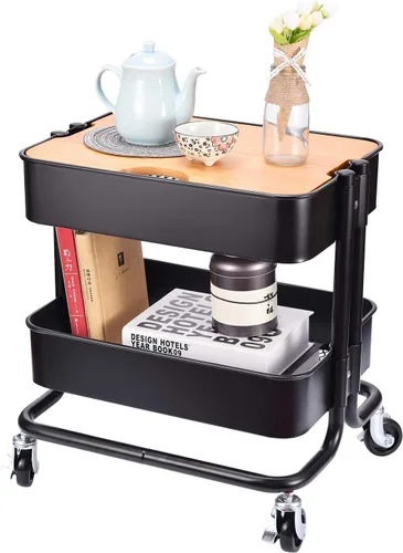 Mesa auxiliar de almacenamiento de metal de 2 niveles con tablero de cubierta para oficina, hogar, cocina, organización, color negro