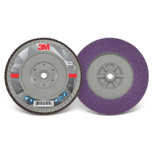 Miniatura 49 de 3M Disco de Solapa 769F, Tipo 27, 80+, 4-1/2 in x 7/8 in, Abrasivo de Alto Rendimiento, Disco de Rectificado y Acabado de Grano Cerámico