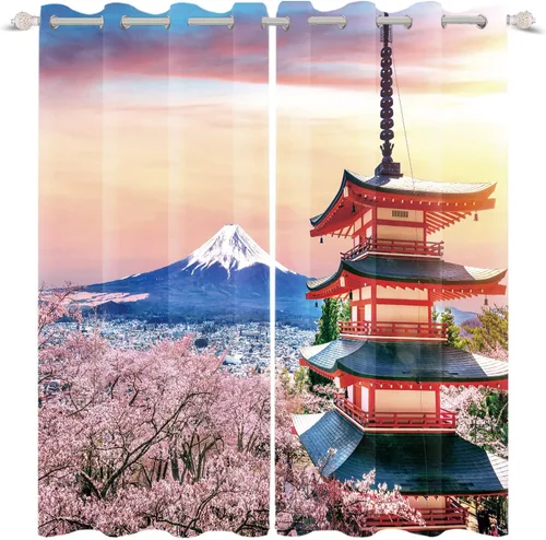 Miniatura 52 de Cortinas japonesas con pintura de tinta, monte Fuji, sol rojo, puesta de sol, hojas de bambú, cortinas de ventana para dormitorio, sala de estar