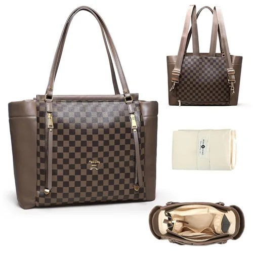 Miss Fong Bolso de pañales de cuero con diseño a cuadros, mochila de gran capacidad para mamá, bolso hospitalario, con 12 bolsillos, bolso de viaje