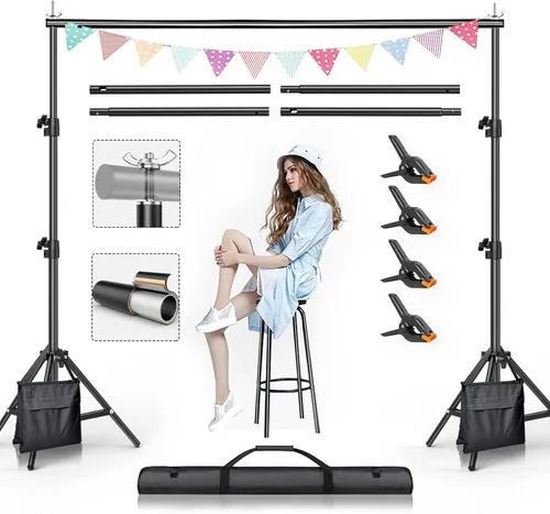 BEIYANG Soporte para telón de fondo, 7.5 pies x 10 pies, kit de sistema de soporte de fondo de fotografía ajustable con bolsa de transporte para