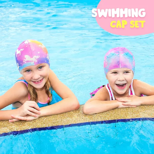 Miniatura 7 de Paquete de 2 gorros de natación impermeables de silicona para niños y niñas (3-8 años), diseño de sirena de unicornio, gorro de natación para niños