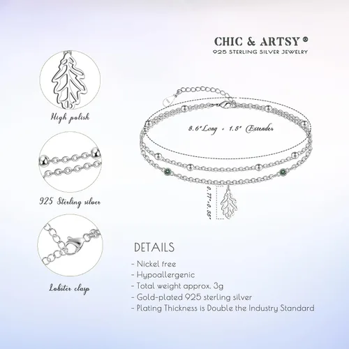 Miniatura 79 de CHIC & ARTSY Tobilleras delicadas de plata de ley S925 para verano, pulsera de tobillo ajustable multicapa para playa, joyería de pie para mujer