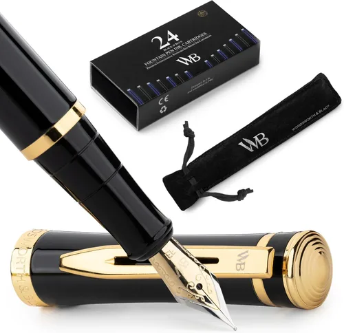Miniatura 20 de Set de pluma estilográfica Wordsworth & Black, punta mediana dorada de 18 quilates, incluye 24 cartuchos de tinta, un convertidor de repuesto y Todo