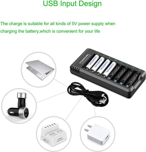 Miniatura 12 de POWEROWL Baterías AA recargables con cargador, paquete de 8 baterías de alta capacidad de 2800 mAh de baja autodescarga Ni-MH doble A con cargador