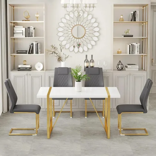 Miniatura 25 de Moderno juego de mesa de comedor para 4, juego de mesa de comedor dorado de 55 pulgadas con 4 sillas de piel sintética negra, mesa de madera negra