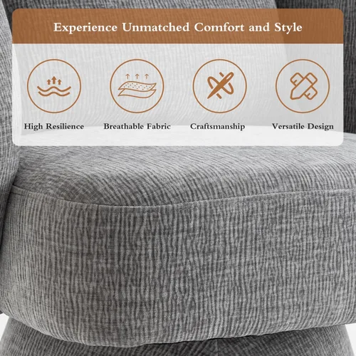 Miniatura 7 de Silla giratoria de 360°, moderna silla de barril de terciopelo con almohada, sofá individual tapizado para sala de estar, dormitorio, oficina. Gris