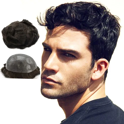 Miniatura 29 de Toupee para hombres Cabello humano real suave Poly Skin Mens Toupee Hair Units System Natural Looking Grey Brown Blonde Mens Hairpiece Protesis