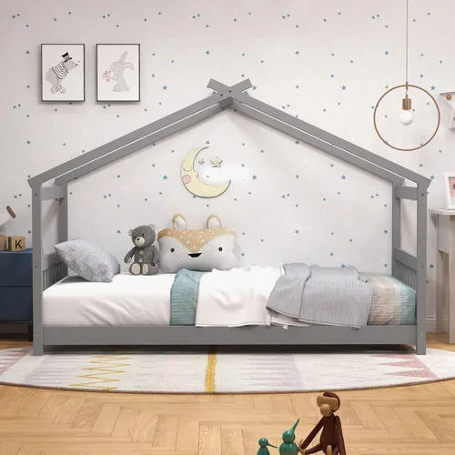 Miniatura 4 de KOMFOTT Cama de Casa de Madera Twin para Niños, Marco de Cama de Piso de Perfil Bajo con Techo, Cabecera y Pie de Cama para Niños y Niñas, No