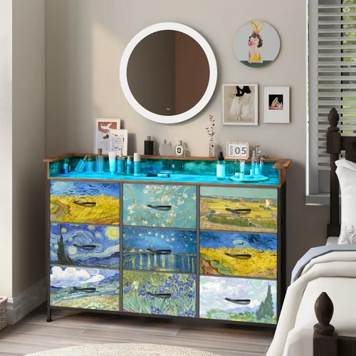 Miniatura 14 de EXOTICA Cómoda con estación de carga, 9 cajones para dormitorio con luces LED, cómoda de tela alta y ancha para armario, pasillo, entrada, marco
