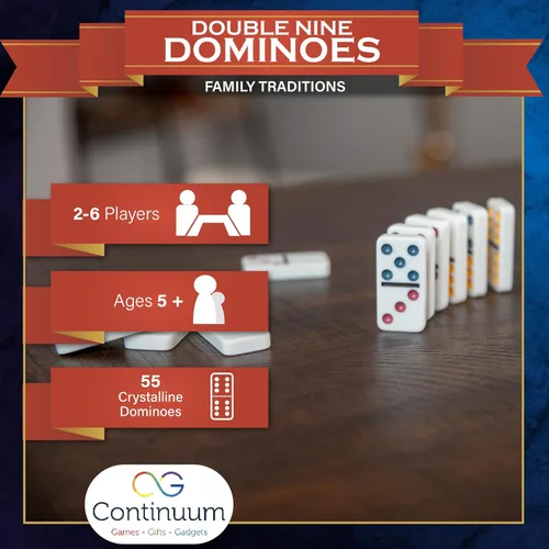 Miniatura 6 de Continuum Games Family Traditions - Juego de 9 dominó dobles – Juego de 55 piezas en lata de almacenamiento, dominó cristalino para niños y adultos