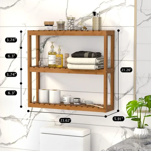 Miniatura 3 de Estante Domax de bambú para baño, de 3 niveles, de montaje en pared, multifuncional, capa ajustable, de pie, para colocar por encima del inodoro