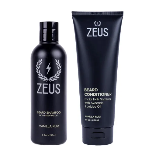 ZEUS Set de lavado de barba para hombres, champú y acondicionador dúo con té verde y aceites esenciales, hidrata, suaviza y fortalece el cabello de