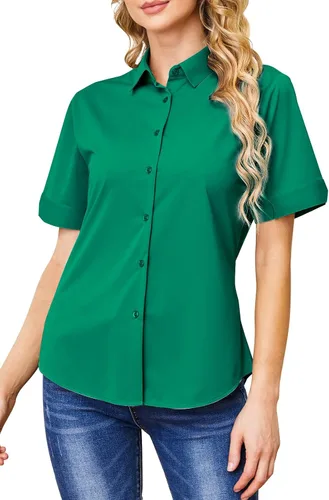 Miniatura 15 de Camisas con botones para mujer, sin arrugas, ajustadas, manga corta, formal, sólidas, blusas