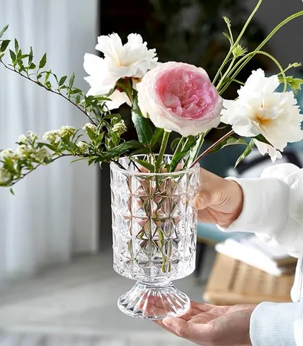 BLOFLO - Jarrón de vidrio en relieve, jarrones de cristal de 7 pulgadas para flores, jarrón de ramo de cristal con base grande de pedestal, jarrón