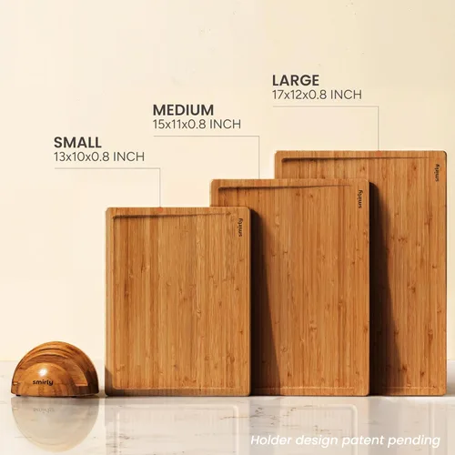 Miniatura 5 de SMIRLY Tabla de cortar de madera para cocina, juego de tablas de cortar de madera reversibles con ranuras profundas para jugos, asas de agarre