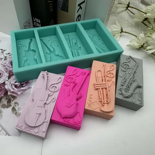Miniatura 3 de Molde de jabón de silicona musical de 4 cavidades, cera perfumada, resina de yeso, manualidades, molde de silicona, guitarra, bajo, trompeta