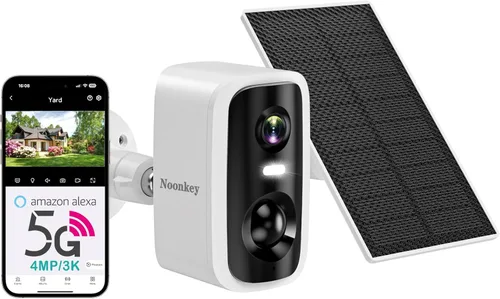 Noonkey Cámara de seguridad solar de 4MP para exteriores, cámara de batería recargable inalámbrica de 5G y 2.4 GHz con foco/sirena, detección humana