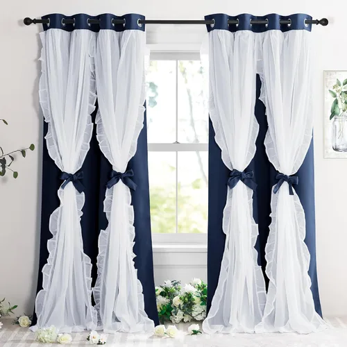 Miniatura 25 de PONY DANCE Cortinas con Volantes de Doble Capa con Superposición Transparente, Decoración Elegante para Ventanas de Diseño Rústico Francés de Campo