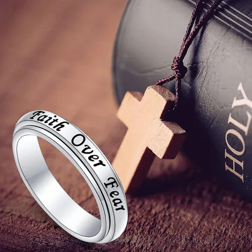 Miniatura 2 de Anillo de plata de ley 925 con texto en inglés God Jewelry grabado con texto en inglés Faith Over Fear Heart Cross, regalo religioso para mujeres