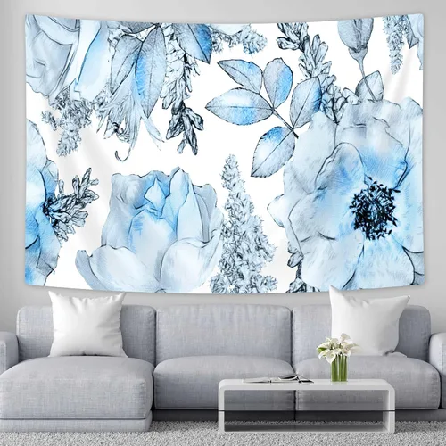 SAOLUIS Tapiz floral, tapiz de flores azules, tapiz estético floral de acuarela, tapiz floral de poliéster, flores bohemias para colgar en la pared