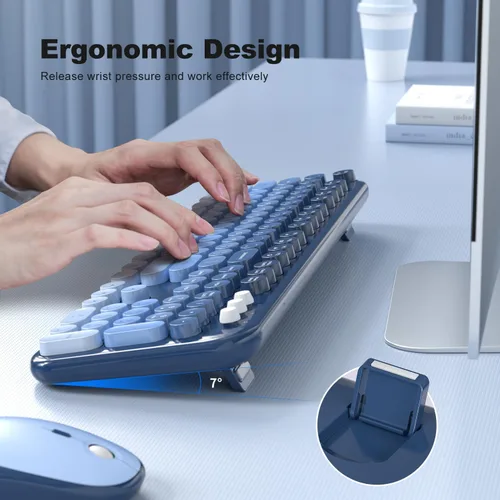 Miniatura 107 de KNOWSQT Combo de teclado y ratón inalámbrico, teclados lindos de tamaño completo estilo máquina de escribir 2.4G azul colorido - receptor USB Plug