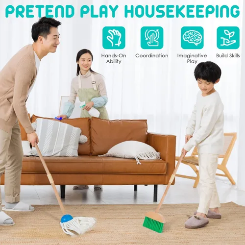Miniatura 7 de Conjunto de limpieza de madera para niños pequeños, 8 piezas de juguetes de limpieza Montessori con escoba y trapeador para niños, juguete