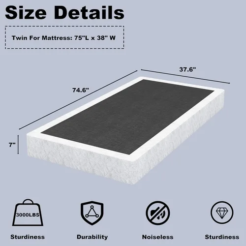 Miniatura 2 de Somier de 7 pulgadas para bases de cama individual, base de colchón de metal resistente con cubierta de tela, solo somier de perfil bajo, sin ruido