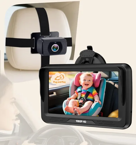 Rohent Cámara de coche para bebé HD 1080P - Monitor infantil orientado hacia atrás con visión nocturna Cámara de coche para bebé Lente gran angular