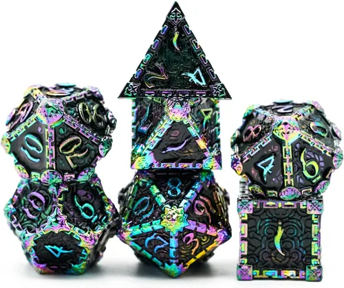 Miniatura 8 de Cusdie 7 dados de metal con caja de metal, juego de dados poliédricos DND con diseño de daga, para juegos de rol, dados D&D (negro con fuente roja)