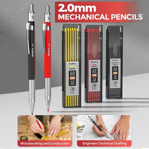 Miniatura 4 de Nicpro Juego de 24 piezas de lápiz mecánico CP3000 para carpintero con sacapuntas y funda, recambios de plomo, marcador de punta larga, punzón