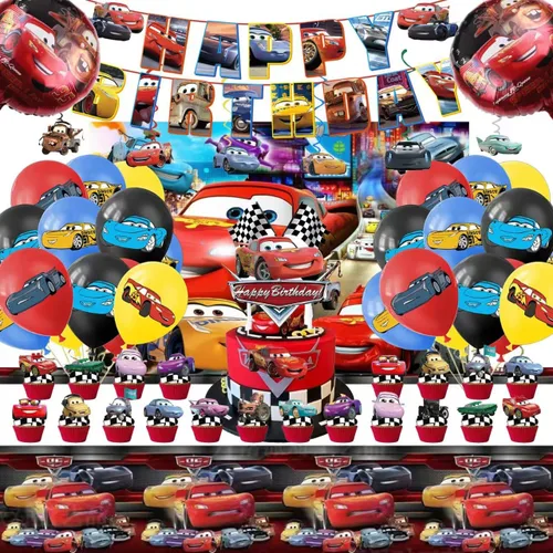 52 piezas de suministros para fiesta de cumpleaños de autos, juego de decoración de fiesta incluye cartel, telón de fondo, globos, remolinos