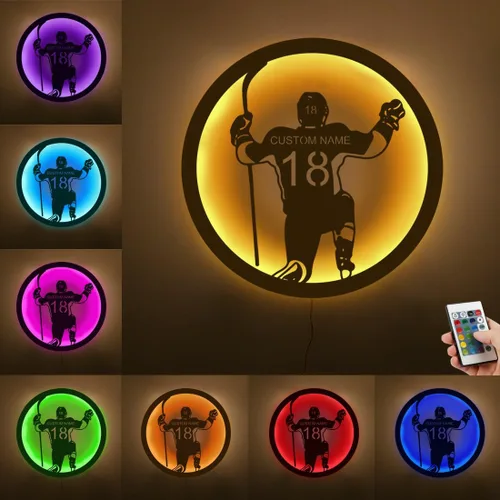 Miniatura 13 de Arte de pared de hockey con nombre y número personalizado, letrero de metal personalizado para jugador de hockey con luz LED, letrero de neón