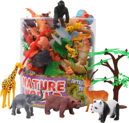 ValeforToy 54 Figuras de animales pequeños de la jungla con caja de regalo. Juguetes para regalar en fiestas para niños, infantes.