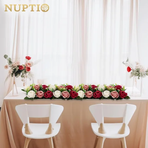 Miniatura 3 de NUPTIO Centros de mesa de flores artificiales para mesas, 6 unidades, color borgoña, rosa polvorienta y blanco cremoso, arreglos de rosas falsas
