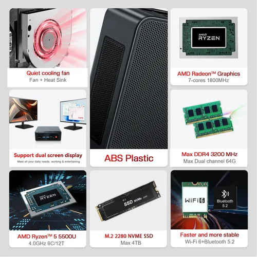 Miniatura 2 de Beelink Mini PC, SER5 AMD Ryzen 5 5500U(7nm, 6C/12T) hasta 4.0GHz, Mini Computadora de Juegos 16GB DDR4 RAM 500GB NVME SSD, Micro PC 4K@60Hz Doble